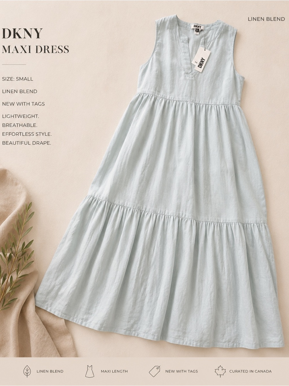 DKNY Pale Blue Sleeveless Tiered Linen-Blend Maxi Dress